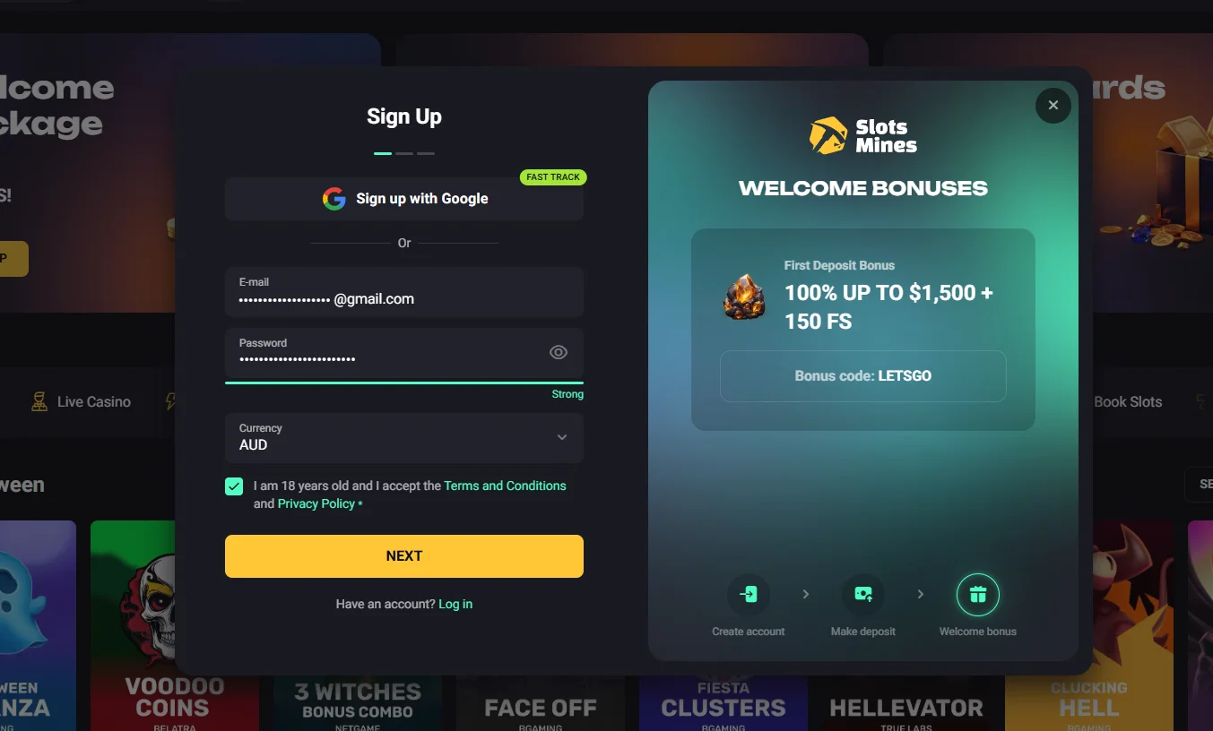 Example Slots Mines sign-up screen showing Google registration, email and password fields, an AUD currency selector, an 18+ checkbox and a welcome offer