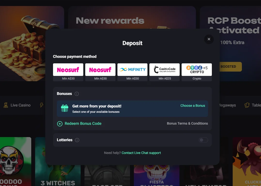 Example Slots Mines cashier showing Neosurf, MiFinity, CashToCode and cryptocurrency options, plus bonus selection and promo-code entry